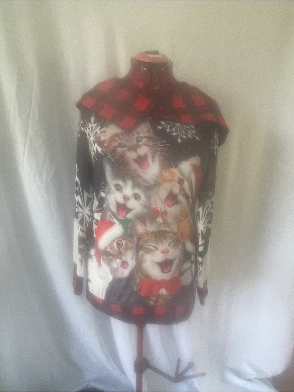 Rosegal Black Red Plaid Collar Christmas Cat Print hooded shirt